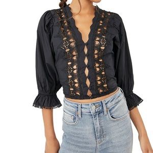 Free People Louella Embroidered Cotton Top in Black